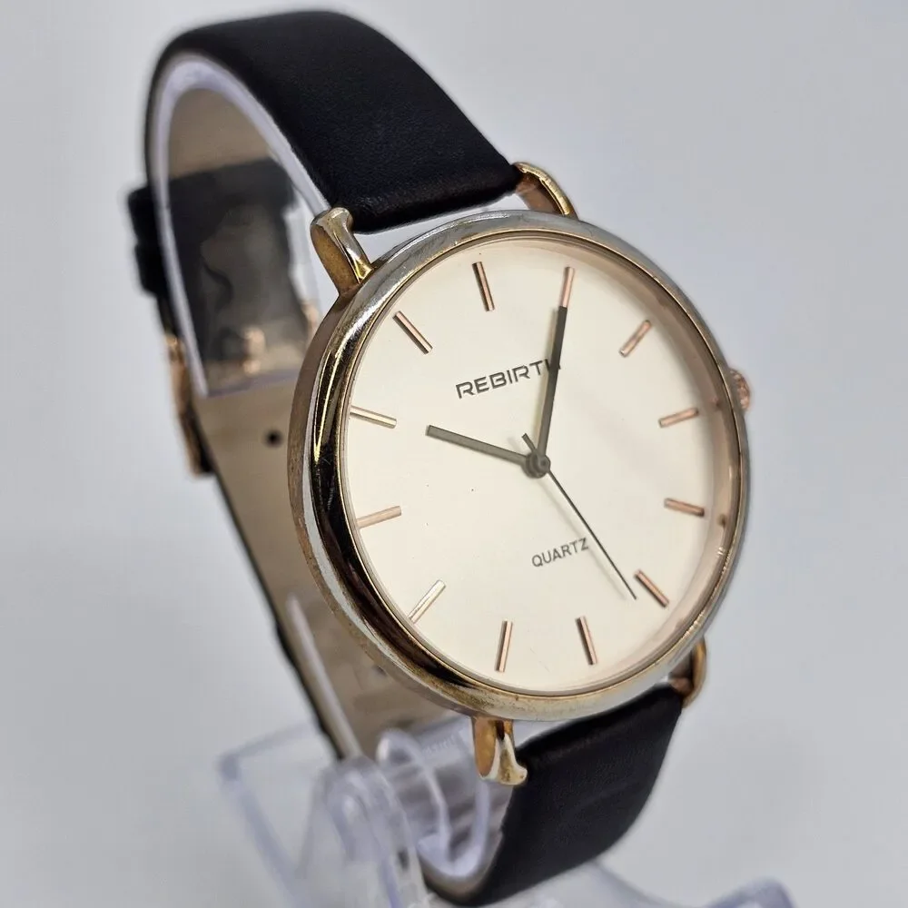 Rebirth Women's‎ Watch 41MM Gold Dial Black Leather Bands New Battery